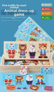 Macro view of wooden animal dress-up puzzle set with elephant bear and rabbit parts
