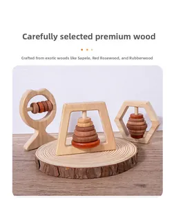 Detailed close-up of baby wooden rattles made from premium sapele and rosewood materials