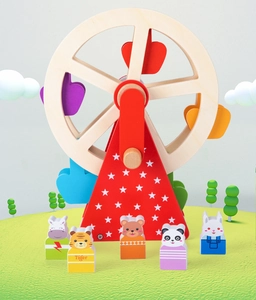 Detail of wooden ferris wheel toy with colorful apple baskets and cute animal blocks