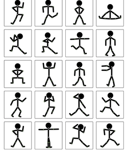 Educational cards with 20 matchstick figures showing body poses for kids' motor skills
