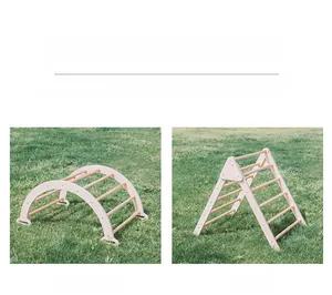 Detail view of wooden arch and triangle climbing frame set for kids indoor activity
