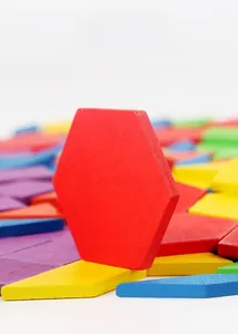 Close-up of polished colorful geometric wooden blocks with smooth natural wood texture