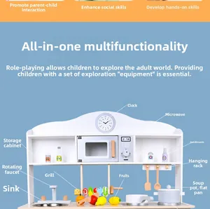 Detail of wooden play kitchen featuring a microwave, clock, and realistic toy utensils