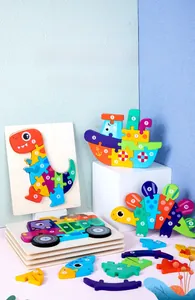 3D wooden puzzle blocks with numbers 1-10 featuring colorful dinosaurs and vehicles