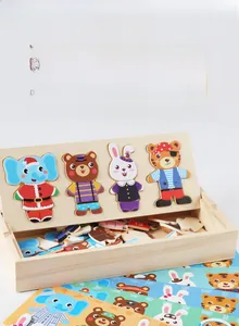 Detail of wooden animal dress-up puzzle set with storage box and various colorful outfits