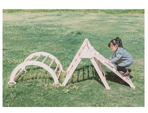 Detail of wooden climbing set for kids with slide and arch on a sunny outdoor lawn
