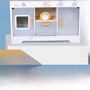 Detail of wooden play kitchen featuring storage cabinet and realistic stove knobs
