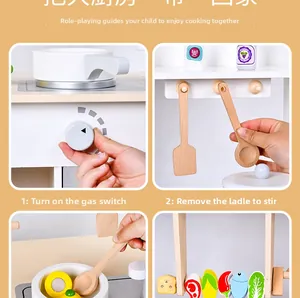 Detail view of wooden play kitchen with rotating stove knobs and simulation food models