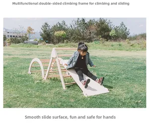 Double-sided wooden slide and climbing wall detail showing smooth surface for kids