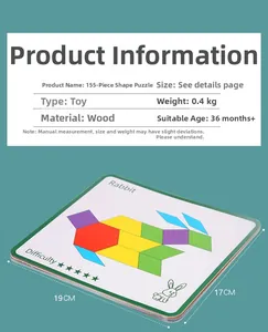 Detail of 155pcs wooden geometric shapes puzzle with rabbit pattern and specifications
