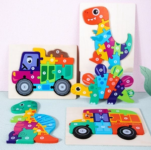 Macro detail of wooden 3D dinosaur puzzle showing colorful numbered blocks and smooth texture