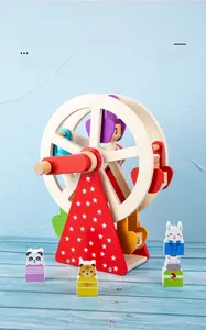 Detailed view of wooden ferris wheel toy with colorful animal blocks and numbered cabins