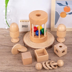 Handcrafted Montessori beech wood rattles and sensory toys set for infants