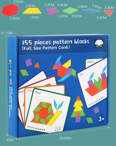 Detailed box dimensions of the 155-piece geometric wooden shape puzzle set for kids