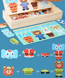 Macro detail of wooden animal dress-up puzzle set with various occupational outfits
