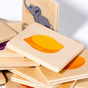 Educational wooden puzzle blocks featuring colorful animal and fruit shadow matching designs