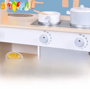 Detailed macro view of wooden play kitchen accessories with realistic toy stove and utensils