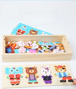 Wooden animal dress-up puzzle set with storage box and matching cards for toddlers