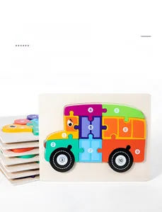 3D wooden school bus puzzle with colorful numbered blocks and 10 pieces for kids