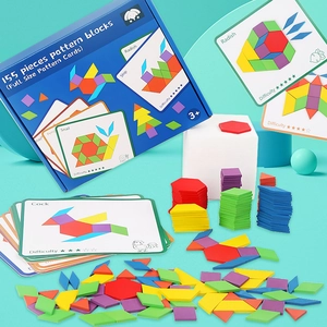 Wooden Geometric Pattern Blocks Set Montessori Tangram Puzzle With Pattern Cards For Kids Educational Intellectual Development Toy