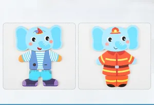 Detail view of wooden elephant dress-up puzzle with interchangeable outfit pieces
