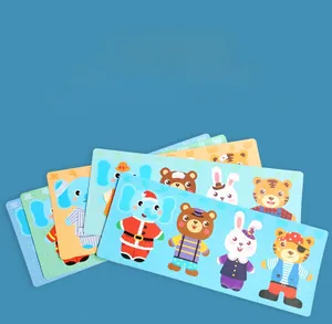 Set of 5 reference cards showing 20 professional outfits for wooden animal puzzles
