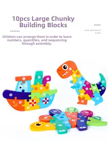 Educational wooden 3D puzzle set with numbers 1-10 featuring boat and dinosaur shapes