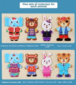 Detail of wooden animal dress-up puzzle showing versatile outfits for bear and elephant