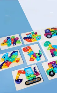 3D wooden puzzle set for kids featuring colorful animals, vehicles and educational numbers