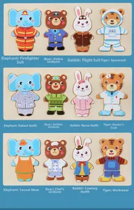 Wooden animal dress-up puzzle showing 12 different professional outfits for children