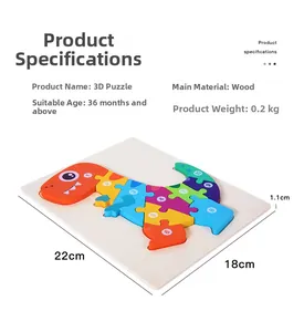 Detailed specs of dinosaur 3D wooden puzzle featuring numbered blocks for toddler learning