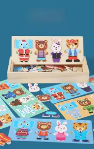 Detailed wooden animal dress-up puzzle set with storage box and matching cards