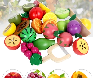 Macro detail of magnetic wooden fruit toys with realistic wood grain texture