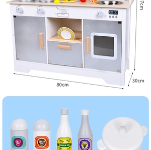 Detailed view of kids wooden kitchen playset with stove, sink and accessory measurements