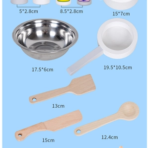 Detailed size specifications for toy stainless steel pots and wooden cooking utensils