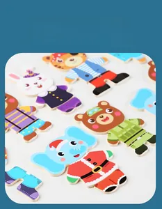 Detail of wooden animal dress-up puzzle showing mix-and-match outfits for kids
