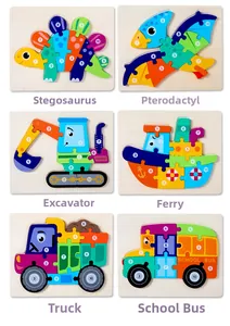 Grid view showing 6 wooden 3D dinosaur and vehicle puzzles with numbered pieces