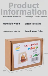 Detail of wooden baby rattle packaging with size specs and safety certification marks