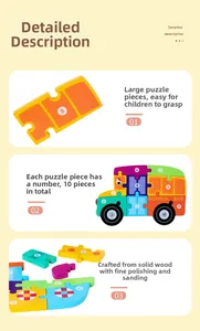 Detailed view of large wooden school bus puzzle pieces with colorful numbers 1-10
