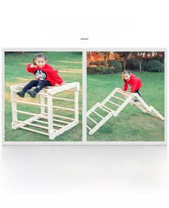 Foldable wooden climbing frame showing sturdy rectangular and trapezoidal structures