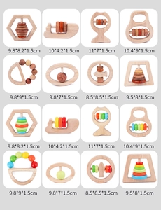 Detail view of 16-piece wooden baby rattles and teething toys set with various shapes