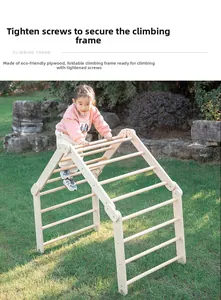 Foldable wooden climbing triangle for kids with natural finish and round rungs on lawn