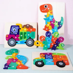 Kids Wooden 3D Dinosaur Vehicle Jigsaw Puzzle Number Cognitive Learning Montessori Educational Toy For Toddlers Gift