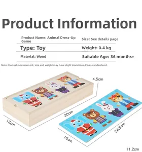 Wooden animal dress-up puzzle set with storage box showing dimensions and specs