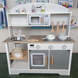 Wooden Kids Play Kitchen Toy Set With Microwave Oven Sink Stove Nordic Style Simulator Cookware Educational Gift