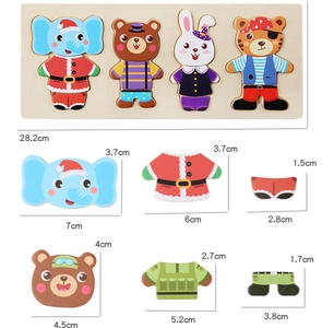 Detailed size specifications of wooden animal dress-up puzzle for toddlers with dimensions