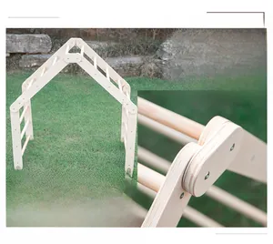 Detail view of the folding fixed plate and stable wooden structure of children's climber