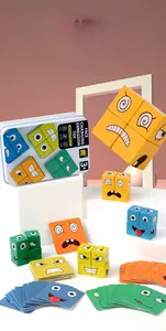 Detailed view of colorful wooden face-changing expression blocks with game cards and tin box