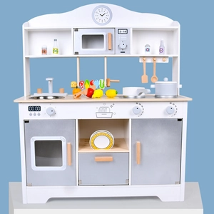 Kids wooden play kitchen set with oven, microwave, and play food accessories in white and grey