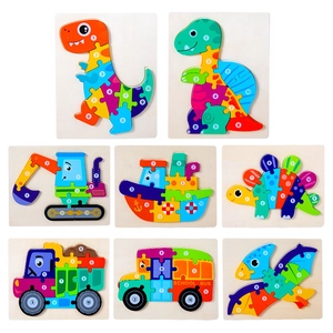 Wooden 3D dinosaur and vehicle puzzles with numbers 1-10 for kids educational play